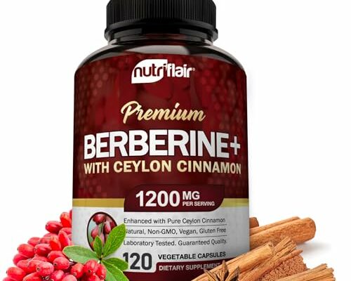 NutriFlair Premium Berberine HCL 1200mg, 120 Capsules - Plus Pure True Ceylon Cinnamon, Berberine HCI Root Supplements Pills - Immune System - yields an Optimal 8% Berberine