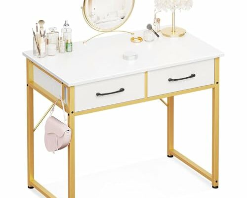 ODK Vanity Desk Without Mirror, Makeup Vanity with 2 Fabirc Drawers, White Vanity Dressing Vanity Table with Versatile Hook, 32 Inch Small Vanity for Bedroom, Desk Make Up for Girls, White and Gold