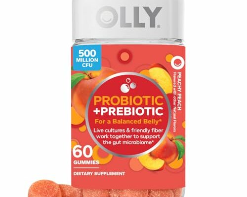 OLLY Probiotic + Prebiotic Gummy, Digestive Support and Gut Health, 500 Million CFUs, Fiber, Adult Chewable Supplement for Men and Women, Peach, 60 Day Supply - 60 Count