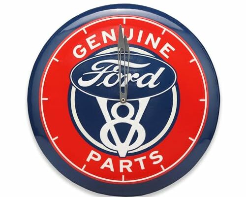 Open Road Brands Ford V8 Genuine Parts Round Embossed Metal Wall Clock - Vintage Ford Clock for Garage, Shop or Man Cave