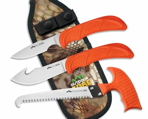 OUTDOOR EDGE WildGuide 4-Piece Hunting Knife Set & Field Dressing Kit | Featuring Razor-Sharp Caping Knife, Gut-Hook Skinning Knife, Bone Saw, in a Camo Nylon Belt Sheath | Butcher Knife Set for Deer