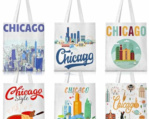 Paterr 6 Pcs Chicago Canvas Tote Bag Watercolor Chicago City Souvenir Gift Chicago Souvenir Women Travel Gifts Grocery Shopping Bag Christmas Party Favors