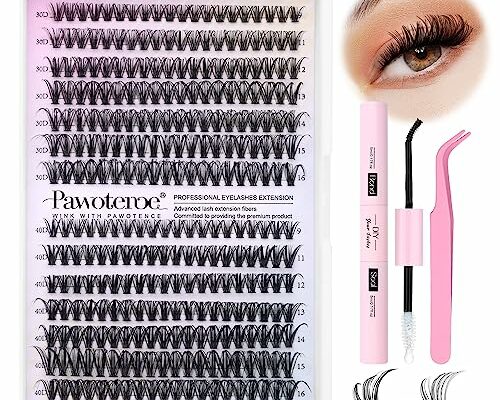 Pawotence Lash Extension Kit DIY 280pcs Lash Clusters Eyelash Extension Kit, 9-16mm 30D 40D Individual Lashes Kit with Lash Bond and Seal, Lash Tweezers for Self Use (30D&40D, 0.07D, 9-16mm, Kit)