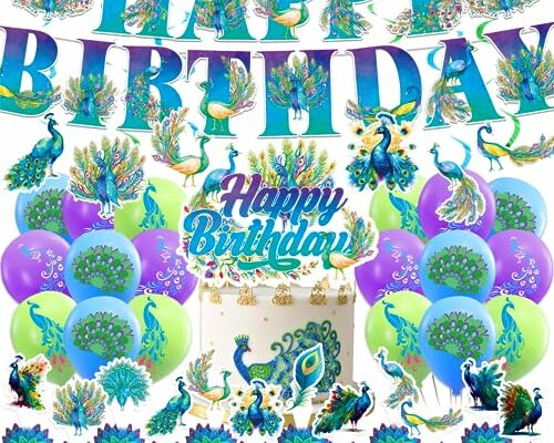 Peacock Party Decorations Colorful Peacock Birthday Party Supplies Includes Peacock Birthday Banner Cake Topper Cupcake Toppers Hanging Swirls Balloons for Peacock Birthday Party Zoo Bird Theme Party