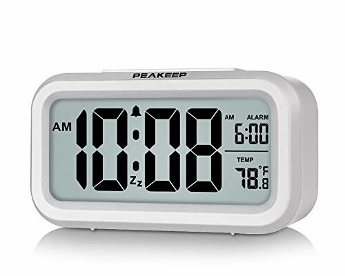 Peakeep Night Light Digital Alarm Clock Battery Operated with Indoor Temperature, Desk Small Clock (White)