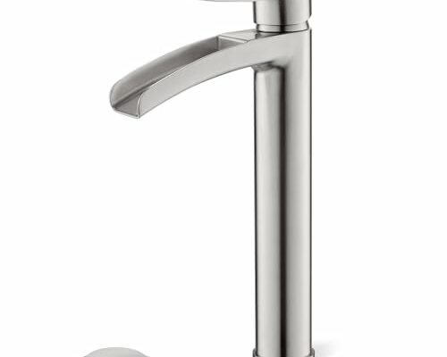 Phiestina Brushed Nickel Tall Bathroom Vessel Sink Faucet, Single Hole Single Handle Waterfall Modern Bathroom Faucet, with Pop Up Drain and Water Supply Line, NS-SF01-BN-V