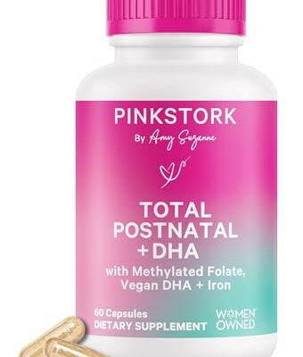 Pink Stork Total Postnatal Vitamins for Women with Vegan DHA, Iron, Folate, and Vitamin B12, Postpartum Recovery Essentials, Daily Supplement for Breastfeeding Moms - 1 Month Supply