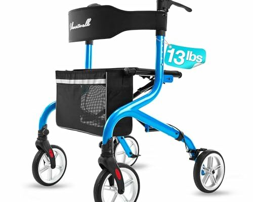 PLANET WALK Super Lightweight Rollator Walker for Seniors, Foldable Rolling Walker with Seat and 8" Rubber Wheels for All Terrain, Unique Design Aluminium Frame Sturdy Walkers for Traveling - Blue