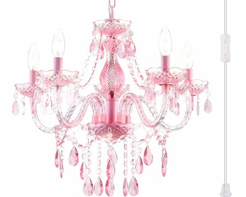 Plug-in 5 Lights Pink Crystal Hanging Pendant Light Acrylic Chandelier with Clear Cord & On/Off Switch H19 D19.7 for Kitchen Island Girls' Room Dining Area Laundry Pavilion.