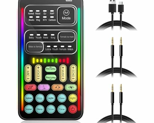 Portable Voice Changer, 8 Voice Changes Live Sound Card, Cool LED Lights Sound Board, Voice Disguiser, Modulator for PS4 for PS5 for One for PC,Phone,Laptops