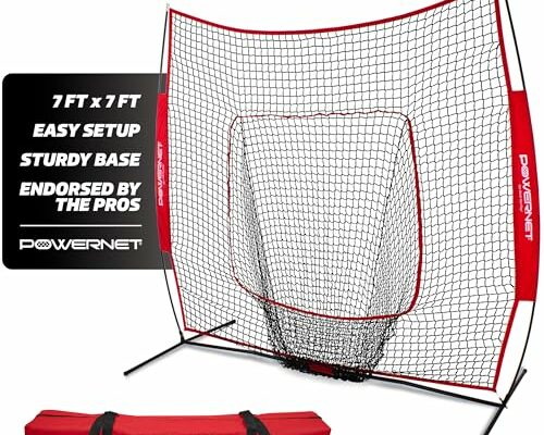 PowerNet Baseball Softball Practice Net 7x7 with Baseball Accessories for Practice Pitching & Batting, Ball Caddy, Weighted Baseballs, Tee (Red Net)