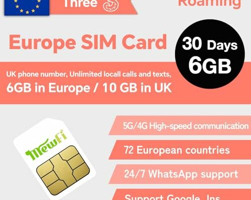 Prepaid Europe Sim Card 30 Days, EU 6GB / UK 10GB, Unlimited Local Calls and SMS, Activation Required & 24/7 Whatsapp Support, UK Three SIM Card Applicable to 72 Countries