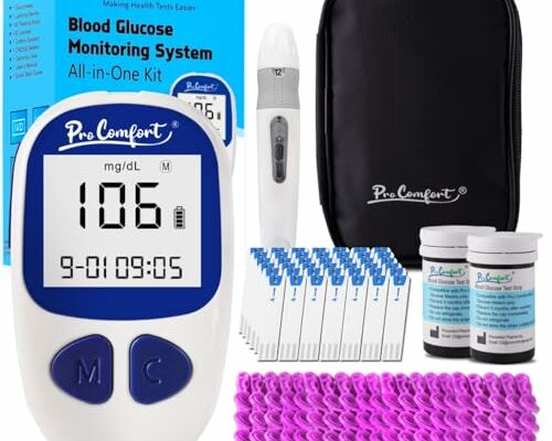 Pro Comfort Blood Glucose Monitor Kit with 100 Test Strips & 100 Lancets, Blood Sugar Monitor, Lancing Device, Blood Sugar Testing Kit, Accurate Glucometer, No Coding, Travel Size for Diabetes Care