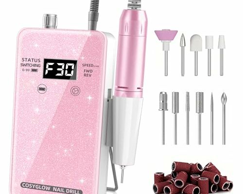 Professional Electric Nail Drill File: Glitter Portable Cordless E-File Nail Drill Kit with 11 Nail Drill Bits,30000 RPM Rechargeable Nail Drill Machine E File for Acrylic Nails Gel Polishing(Pink)