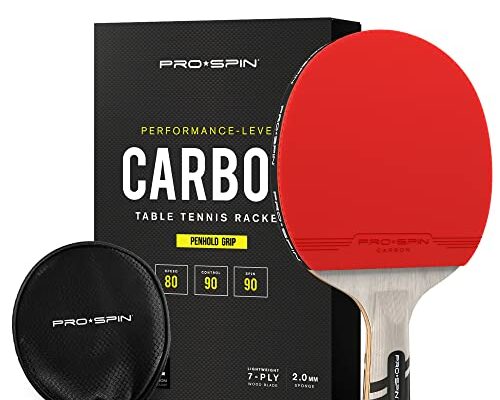 PRO SPIN Carbon Ping Pong Paddles - Penhold Short Grip, Premium Table Tennis Rackets with Carbon Fiber | Professional-Level 7-Ply Blade, Premium Rubber, 2.0mm Sponge | Rubber Protector Case (1-Pack)