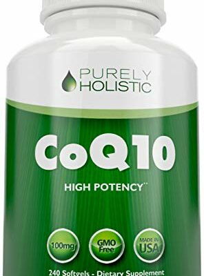 Purely Holistic CoQ10 100mg - 240 SoftGels - 8 Month Supply - Ubiquinone Coenzyme Q10 Supplement - with Organic Olive Oil - Soy Free Co Q 10 - Made in The USA