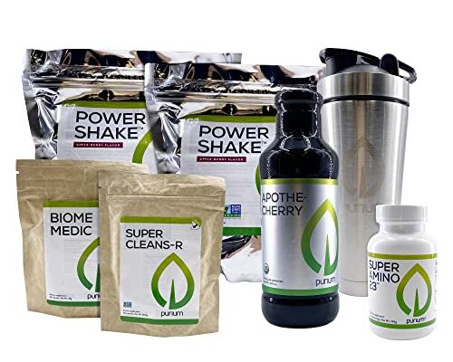 Purium Cleansing + Fitness Bundle - Includes Power Shake (Apple Berry), Apothe-Cherry, Super Amino 23, Super CleansR, Biome Medic, & Blender Bottle