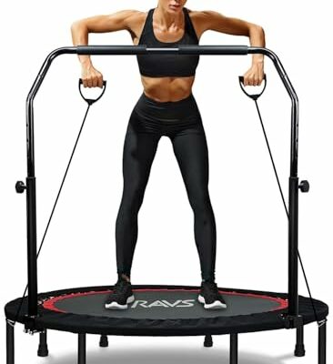 RAVS Mini Trampoline for Kids Adults 40"/48" Foldable Fitness Rebounder Kids Trampoline with 5 Levels Height Adjustable Handle Resistance Bands Indoor Workout