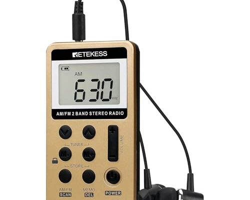 Retekess V112 AM FM Radio Portable, Mini Radio with Earphone Pocket, Digital Tuning Rechargeable Battery LCD Display for Walking Jogging(Gold)