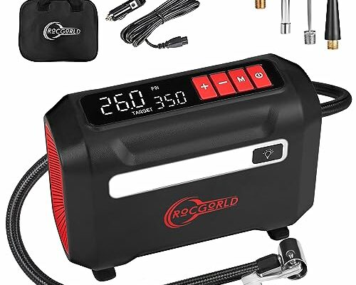 ROCGORLD R8 Tire Inflator Portable Air Compressor, DC 12V Air Compressor Portable with Large Dual Digital Screen, 3X Faster Inflation Air Pump for Car, Bike, Ball, Motor