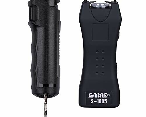 SABRE Pepper Spray & 2-in-1 Stun Gun with Flashlight, Self Defense Kit, Fast Flip Top Safety, Finger Grip for Better & Faster Aim, Painful 1.60 µC Charge, 120 Lumen LED Light, Rechargeable, 0.54 fl oz