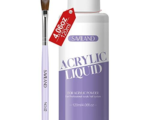 SAVILAND Monomer Acrylic Nail Liquid: 4 oz Acrylic Liquid Monomer with #12 Acrylic Nail Brush for Acrylic Powder Application, Non-Yellowing Acrylic Nail Monomer Liquid for DIY Home & Nail Salon Use