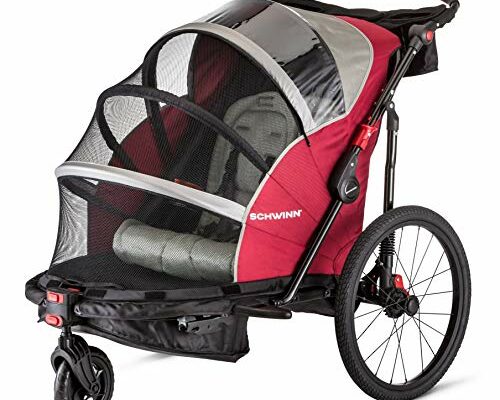 Schwinn Joyrider Deluxe Double Child Bike Trailer Stroller Combo, Max of 2 Children with Total Weight of 80 lbs., Canopy, 20-Inch Air-Filled Tires, Red