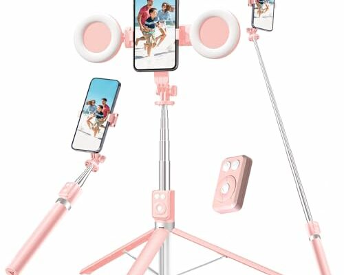 Selfie Stick Tripod with Fill Light, Phone Selfie Stick ，Durable Stainless Steel Design, Bluetooth Remote Control, and Stable Three-Legged Support for Live Broadcasts, Video Shooting (Pink)