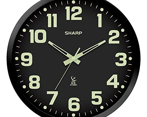 Sharp Glow in The Dark Atomic Analog Wall Clock - 12" Clock with Black Frame - Sets Automatically - Battery Operated - Easy to Read - Easy to Use – See Day or Night!