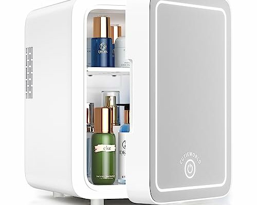 Skincare Fridge With Dimmable LED Light Mirror, 4L Makeup Mini Fridge for Bedroom, Car, Office & Dorm, Cooler & Warmer, Portable Small Refrigerator for Cosmetics, Skin Care and Food, White