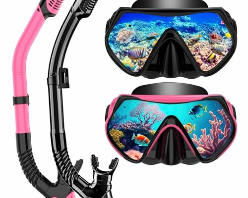 Snorkeling Gear for Adults, Dry-Top Snorkel Set Scuba Diving mask, 180°Panoramic Wide View Professional Snorkeling Gear Breathing Freely Snorkel Mask (Black+Pink)