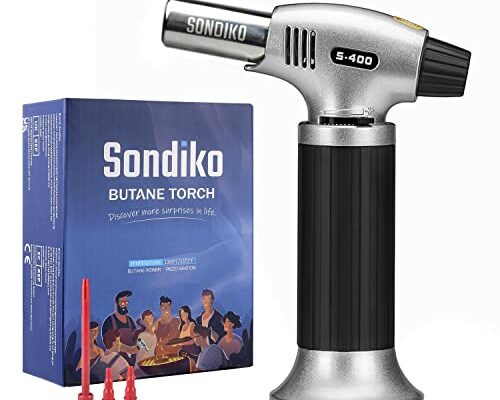 Sondiko Butane Torch S400, Refillable Kitchen Torch Lighter, Fit All Butane Tanks Blow Torch with Safety Lock and Adjustable Flame for Desserts, Creme Brulee, and Baking—Butane Gas Is Not Included