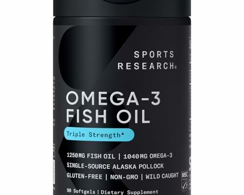 Sports Research Triple Strength Omega 3 Fish Oil - Burpless Fish Oil Supplement w/EPA & DHA Fatty Acids from Single-Source Wild Alaska Pollock - 1250 mg, 90 ct