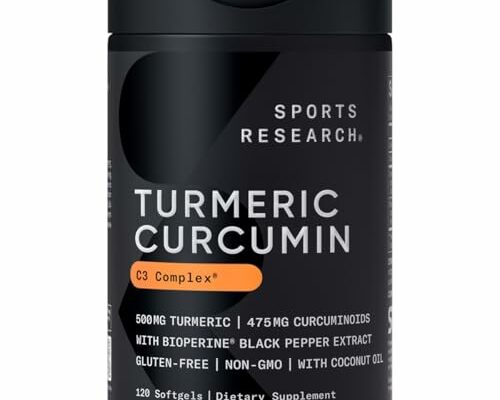 Sports Research Turmeric Curcumin C3 Complex - Softgels with Bioperine Black Pepper Extract & Organic Coconut Oil, Standardized 95% Curcuminoids - Non-GMO Verified & Gluten Free - 500mg, 120 Count