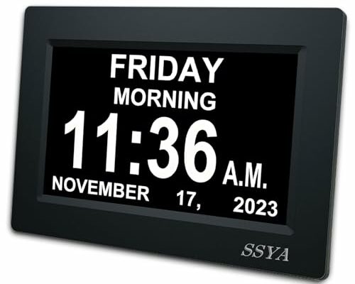 SSYA 7 Inch Calendar Clock - 12 Alarm Options, Level 5 Auto Dimmable Display,Extra Large Impaired Vision Digital Clock with Non-Abbreviated Day & Month Alarm Clock (7 inch)