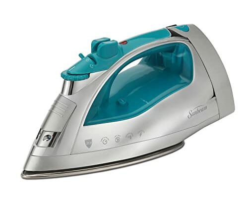 Sunbeam Steammaster 1400 Watt Iron with 8' Retractable Cord, Large Anti-Drip Nonstick Stainless Steel Soleplate, Horizontal or Vertical Shot of Steam and 3-Way Auto Shut-Off, Chrome/Teal