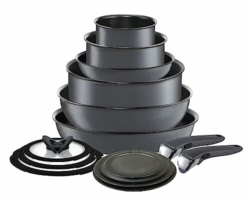 T-fal Ingenio Expertise Non Stick Cookware Set 14 Piece, Induction, Oven Broiler Safe 500F, Detachable/ Removable Handle, Kitchen, Cookware, Pots and Pans, RV, Camping, Fry Pans, Dishwasher Safe, Gray