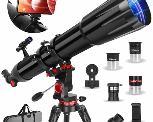 Telescope,Telescope for Adults High Powered, 90mm Aperture 900mm Professional Refractor Telescope for Kids & Beginners, Magnification 450X, for Planet Observation with Stainless Tripod & Phone Adapter