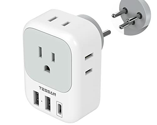 TESSAN Israel Power Adapter, US to Israel Plug Adapter with 4 American Outlets 3 USB Charger (1 USB C Port), Type H Travel Adaptor for USA to Israel Palestine Jerusalem