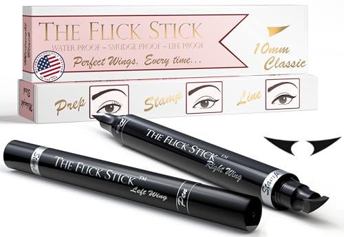 The Flick Stick Winged Eyeliner Stamp, 2 x Black Liquid Eyeliner Pens, Easy Cat Eye Stencil Makeup Tool, SmudgeProof & Waterpoof Eye Liner, Vamp Wing, Wingliner (10mm Classic, Midnight Black)