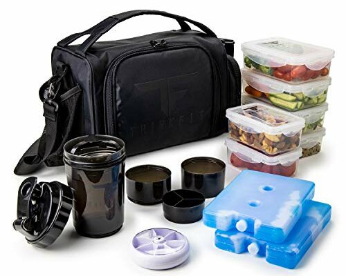 ThinkFit Insulated Meal Prep Lunch Box with 6 BPA-Free, Reusable, Microwavable, Freezer Safe Food Portion-Control Containers, Shaker Cup, Pill Organizer, Lunch Bag with Storage Pocket - (Black)