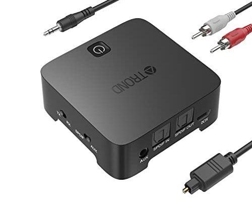 TROND Bluetooth Transmitter Receiver, Bluetooth Adapter for TV/PC, Wireless Transmitter for Speakers and Home Stereo, AptX Low Latency for Both TX and RX, Pair with 2 Devices Simultaneously