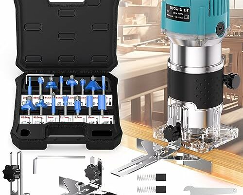 TwoWin Router Tool, 110V 800W Compact Palm Wood Router Tool for Woodworking, Electric Hand Trimmer 1/4" Collets Woodworking Tool Laminate Trimmer + Tungsten Carbide Router with 15 Pcs Router Bits