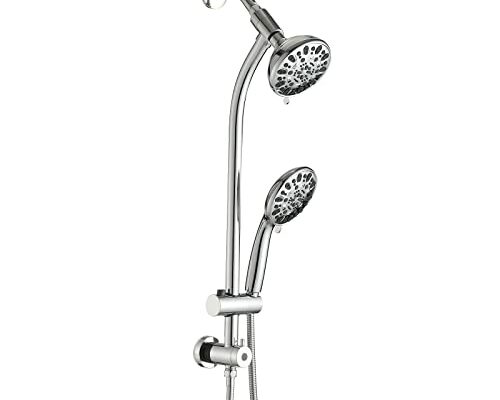 UCLIMAA High Pressure 48-Settings Shower Head with Handheld Shower,Drill-Free 3-Way Diverter for Easy Reach,Adjustable Height Slide Bar Dual Shower Head Combo Set - Chrome