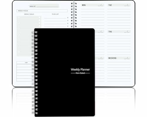 Undated Weekly Planner, Weekly Goals Notebook, A5 To Do List Planner, Habit Tracker Journal with Spiral Binding, 5.7 x 8.0 in, Black