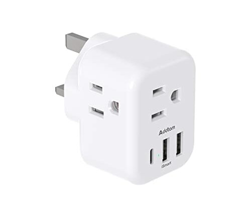 US to UK Ireland Plug Adapter, Addtam Type G Power Adapter with 3 AC Outlets and 3 USB(1 USB C), Travel Essentials for USA to Dubai Scotland British London England Hong Kong Irish