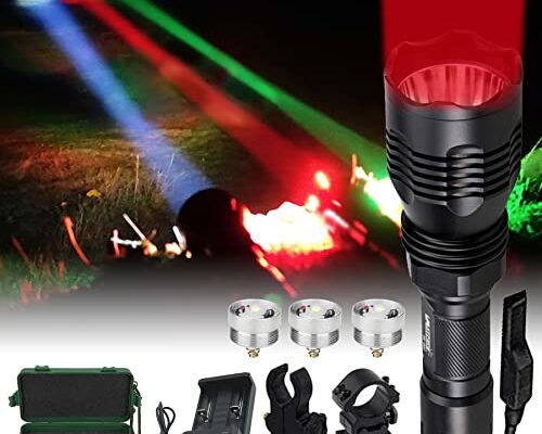 VASTFIRE Predator Light with Interchangeable (Red, Green, White) LED Hunting Flashlight with Scope Mount for Hog Coyote Coon Bobcat Raccoon Varmint Rabbit Night Hunting