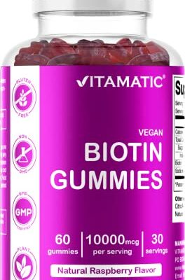 Vitamatic Biotin Gummies 10,000 mcg for Stronger Hair, Skin & Nails - 60 Vegan Gummies - Also Called Vitamin B7 (1 Bottle)