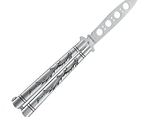 VORNNEX Practice Butterfly knife Trainer with Sure Spring Latch, Full Stainless Steel Black Dull Balisong, Unsharpened Butterfly knives Comb for CSGO Training(Silver)