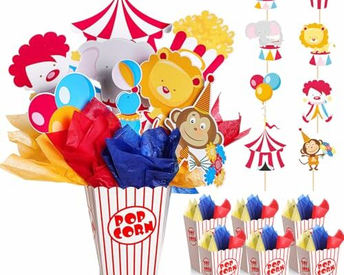 Weekgrat 6 Sets 162 Pcs Circus Carnival Party Centerpieces Decorations Circus Theme Table Toppers with Popcorn Box Circus Carnival Cutouts and Sticks for Carnival Party Birthday Decor Supplies